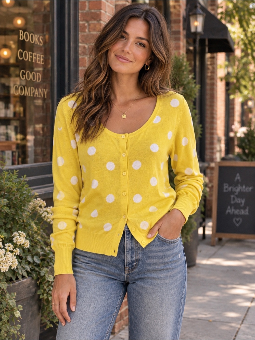 Elliott Lauren Polka Dot Cotton Cardigan Yellow White Button Front S